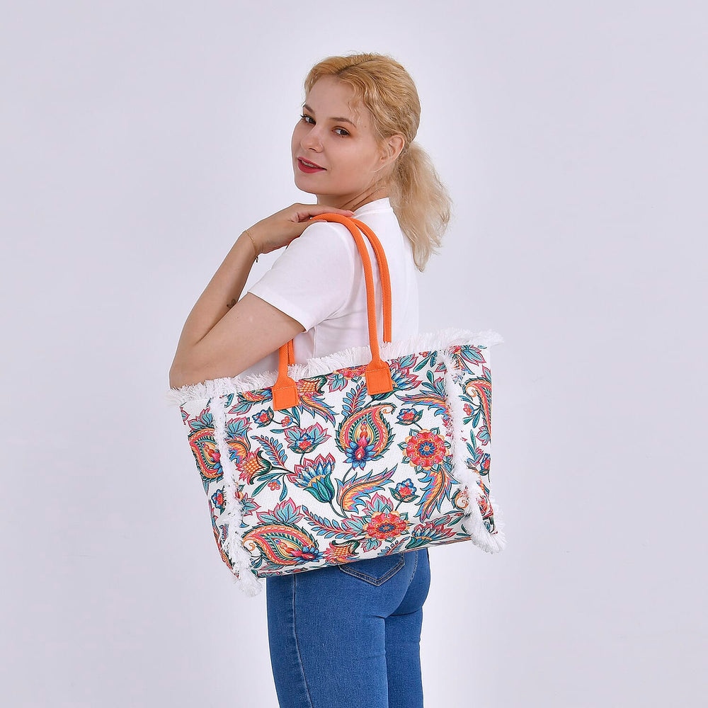 Floral Pattern Tote Bag with Handle Drop - Orange