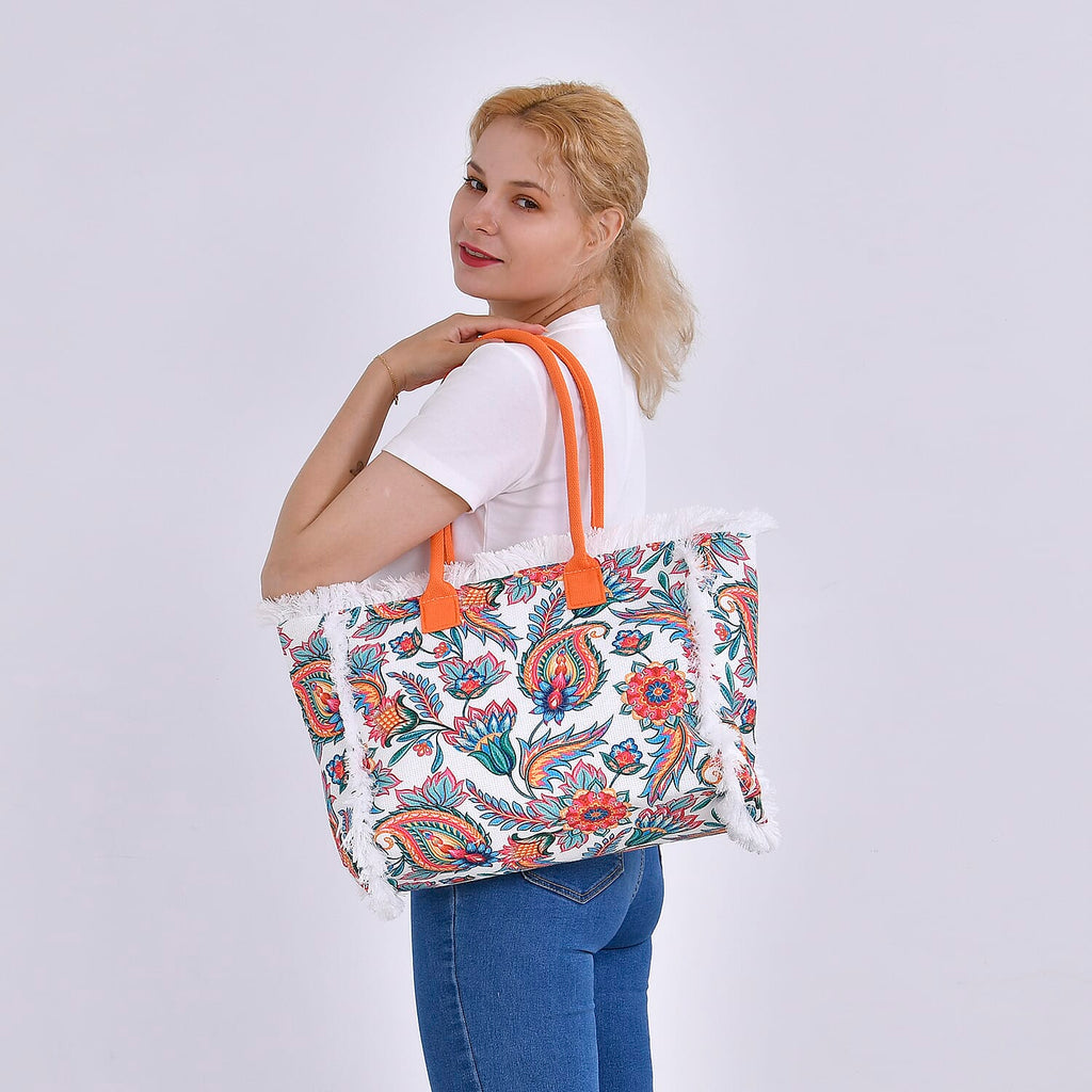 Floral Pattern Tote Bag with Handle Drop - Orange