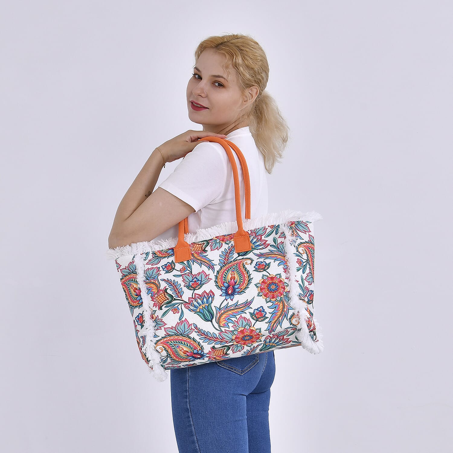 Floral Pattern Tote Bag with Handle Drop - Orange