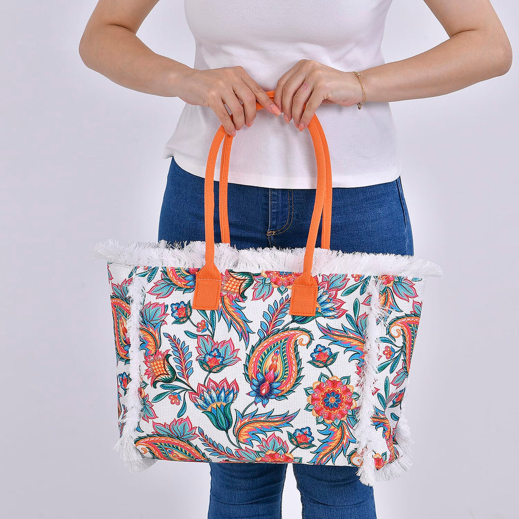 Floral Pattern Tote Bag with Handle Drop - Orange