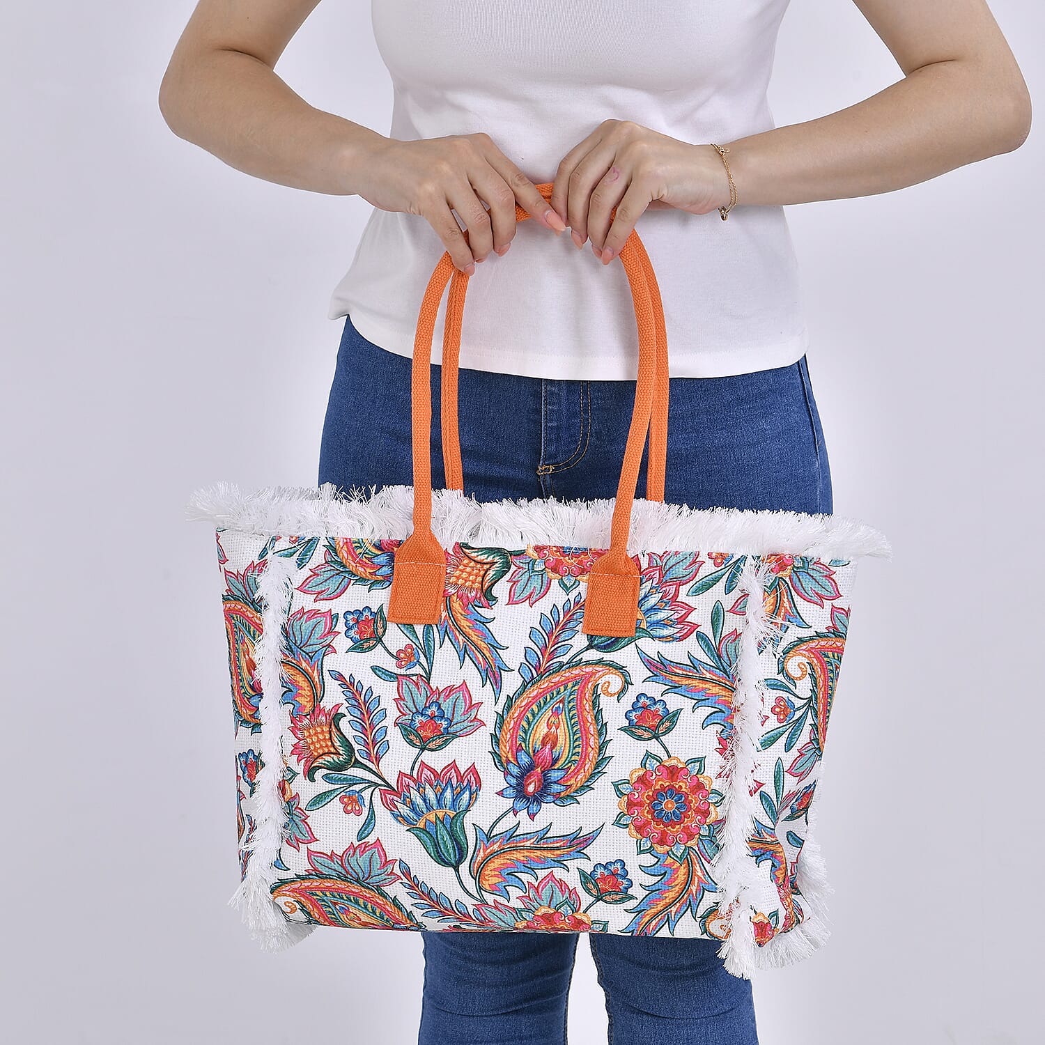Floral Pattern Tote Bag with Handle Drop - Orange