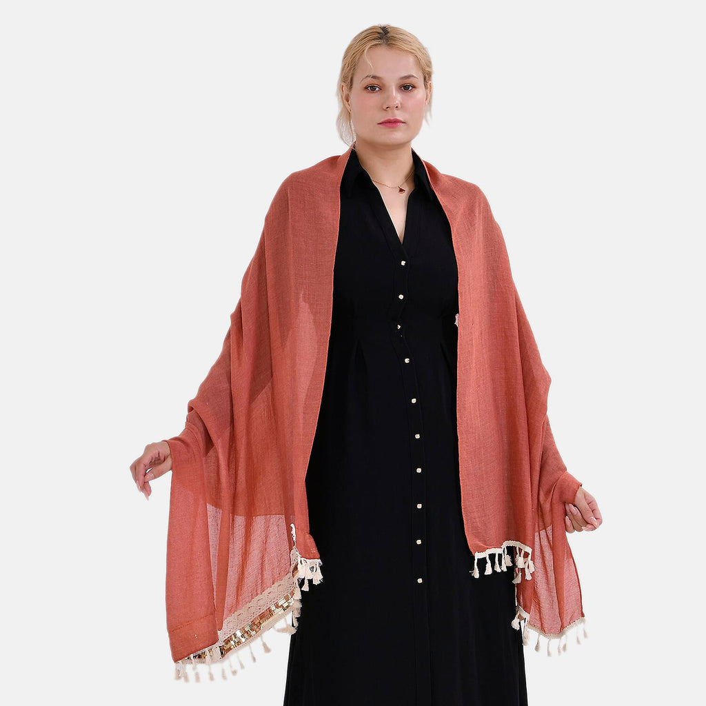 Closeout Deal - Scarf with Fringes and Beads - Terracotta