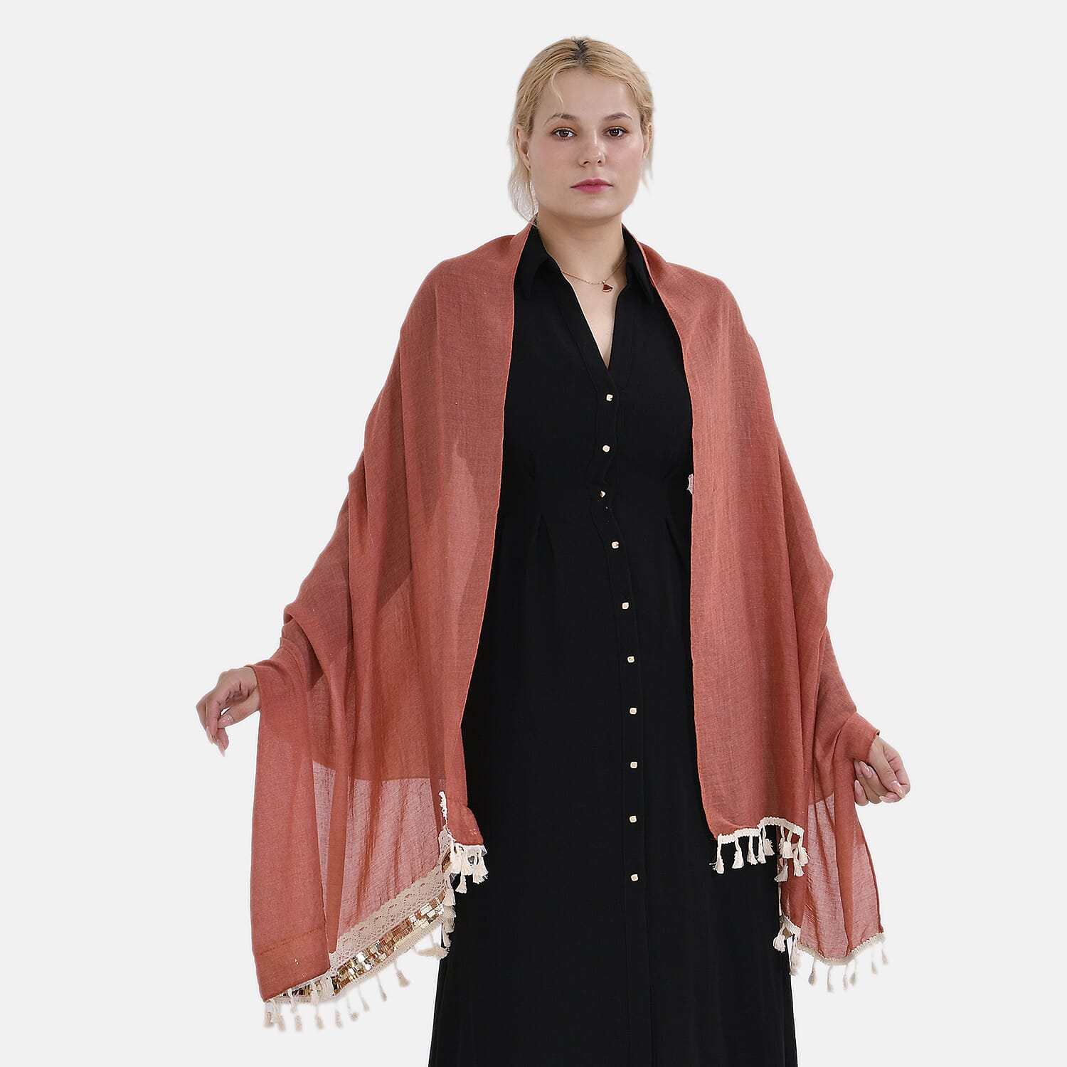 Closeout Deal - Scarf with Fringes and Beads - Terracotta