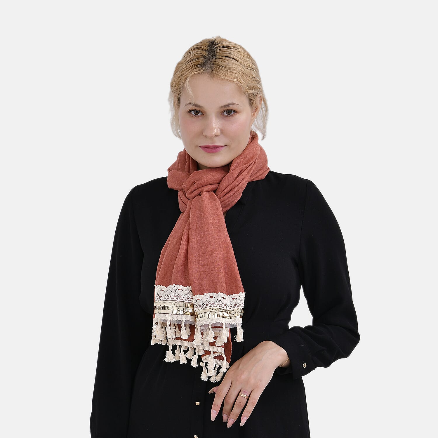 Closeout Deal - Scarf with Fringes and Beads - Terracotta