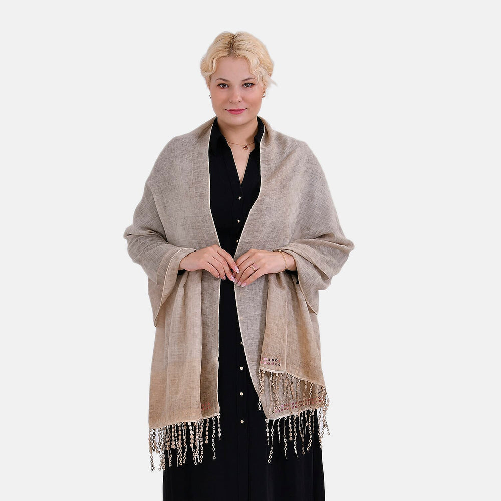 Closeout Deal - Scarf with sequins and tassels - Beige