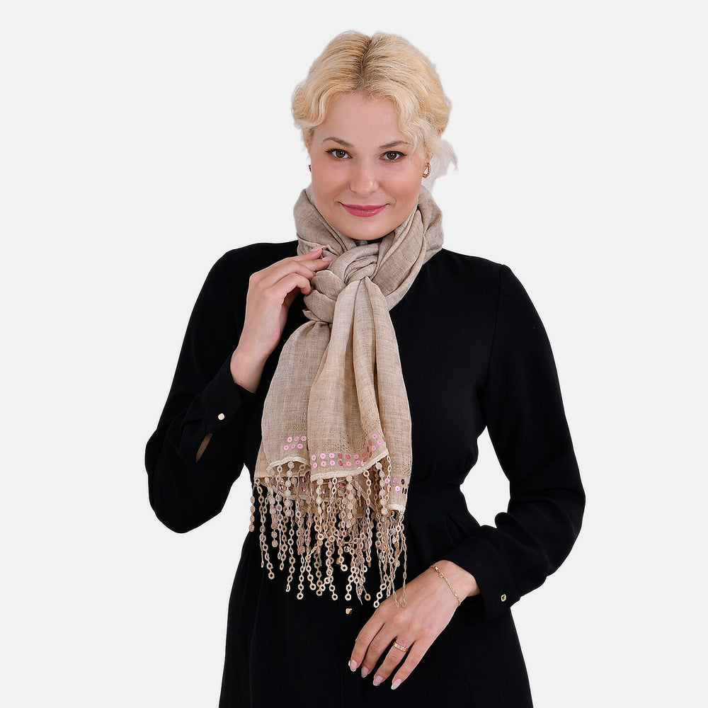 Closeout Deal - Scarf with sequins and tassels - Beige