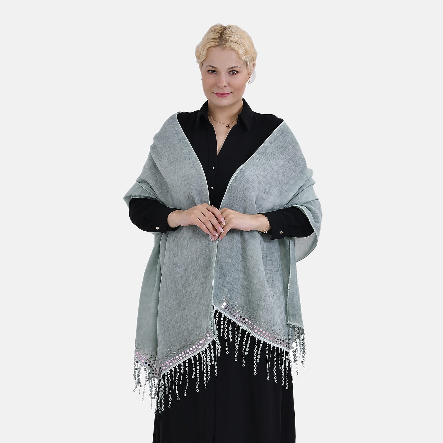 Closeout Deal - Scarf with sequins and tassels - Grey