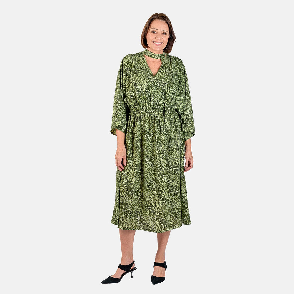 Snake Print Tie Elasticated Dress (Size L 16-18) - Green - CB 48in
