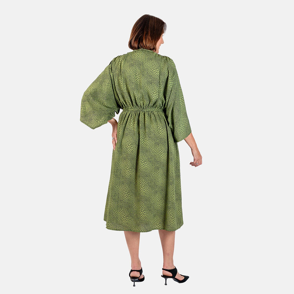 Snake Print Tie Elasticated Dress (Size L 16-18) - Green - CB 48in
