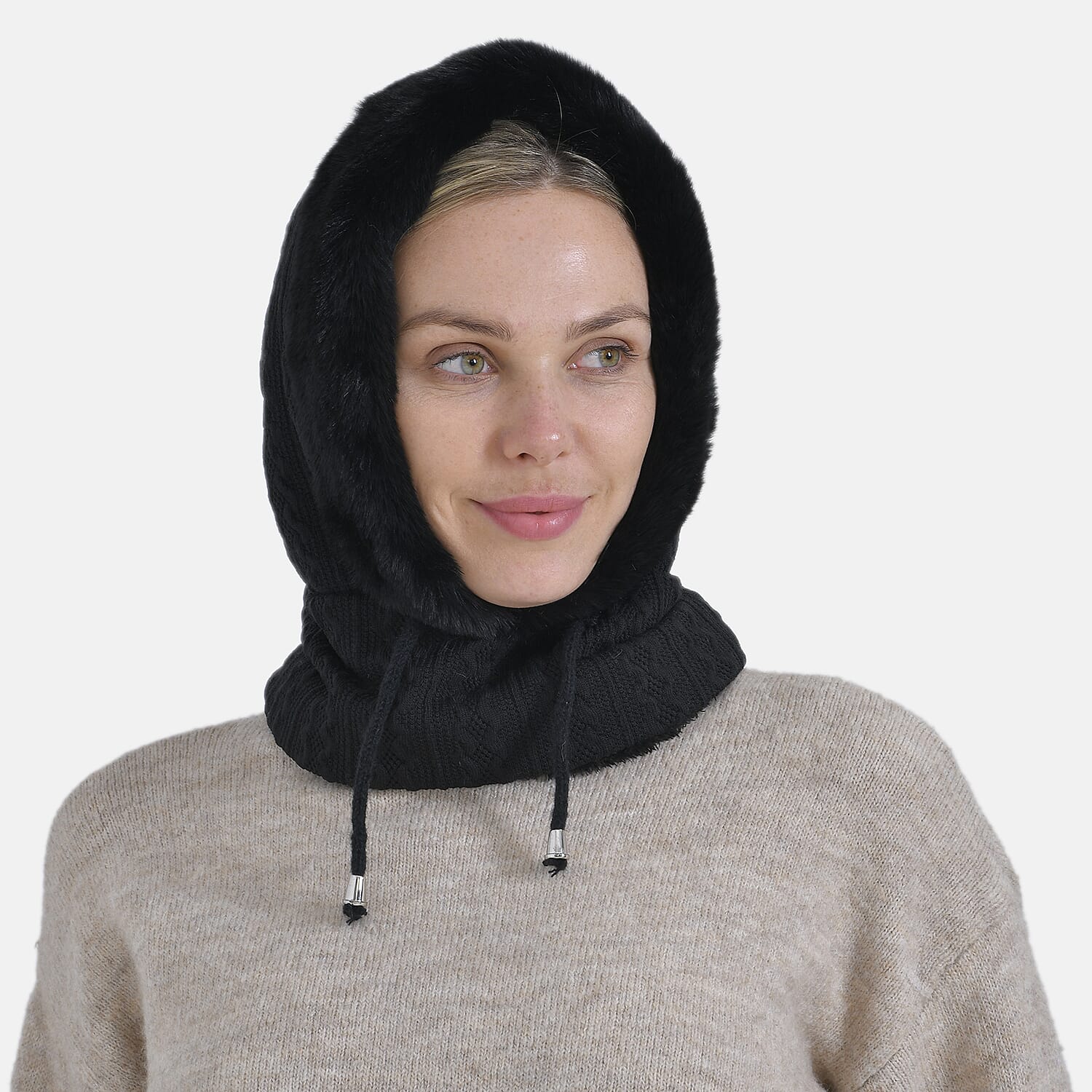 3-in-1 Cosy Warm Plush Faux Fur Sherpa Lined Winter Hat Scarf - Black