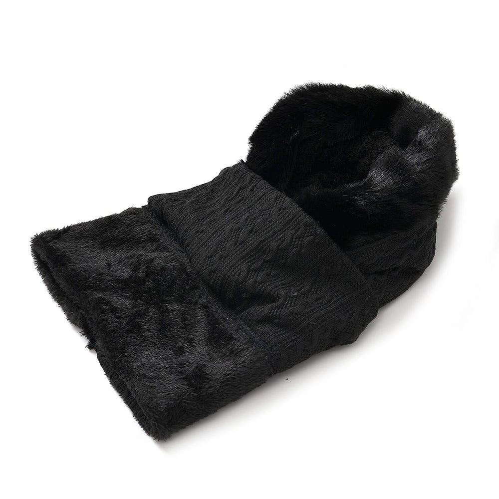 3-in-1 Cosy Warm Plush Faux Fur Sherpa Lined Winter Hat Scarf - Black