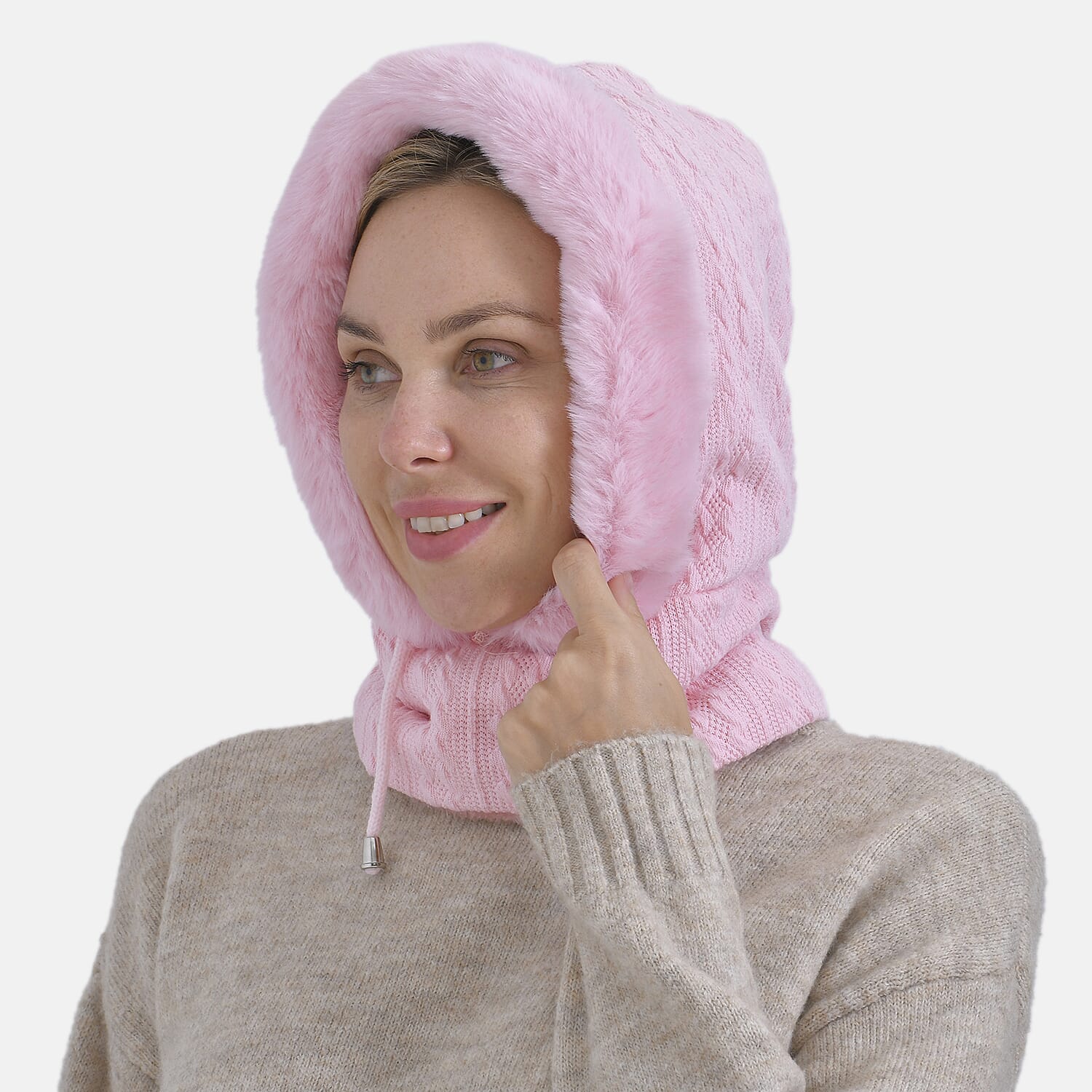 3-in-1 Cosy Warm Plush Faux Fur Sherpa Lined Winter Hat Scarf - Pink