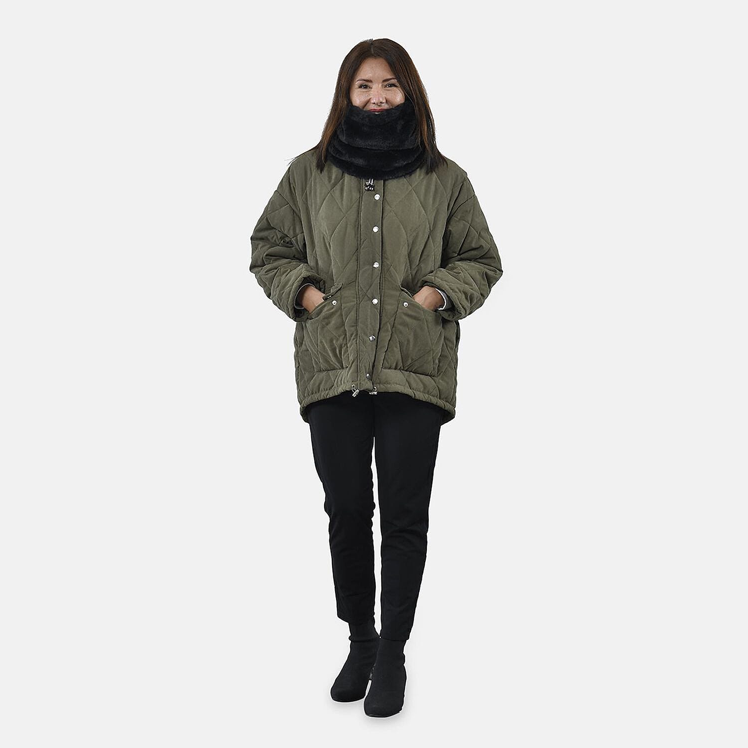 Faux Fur Snood with Drawstring (Size 35x28 Cm) - Black