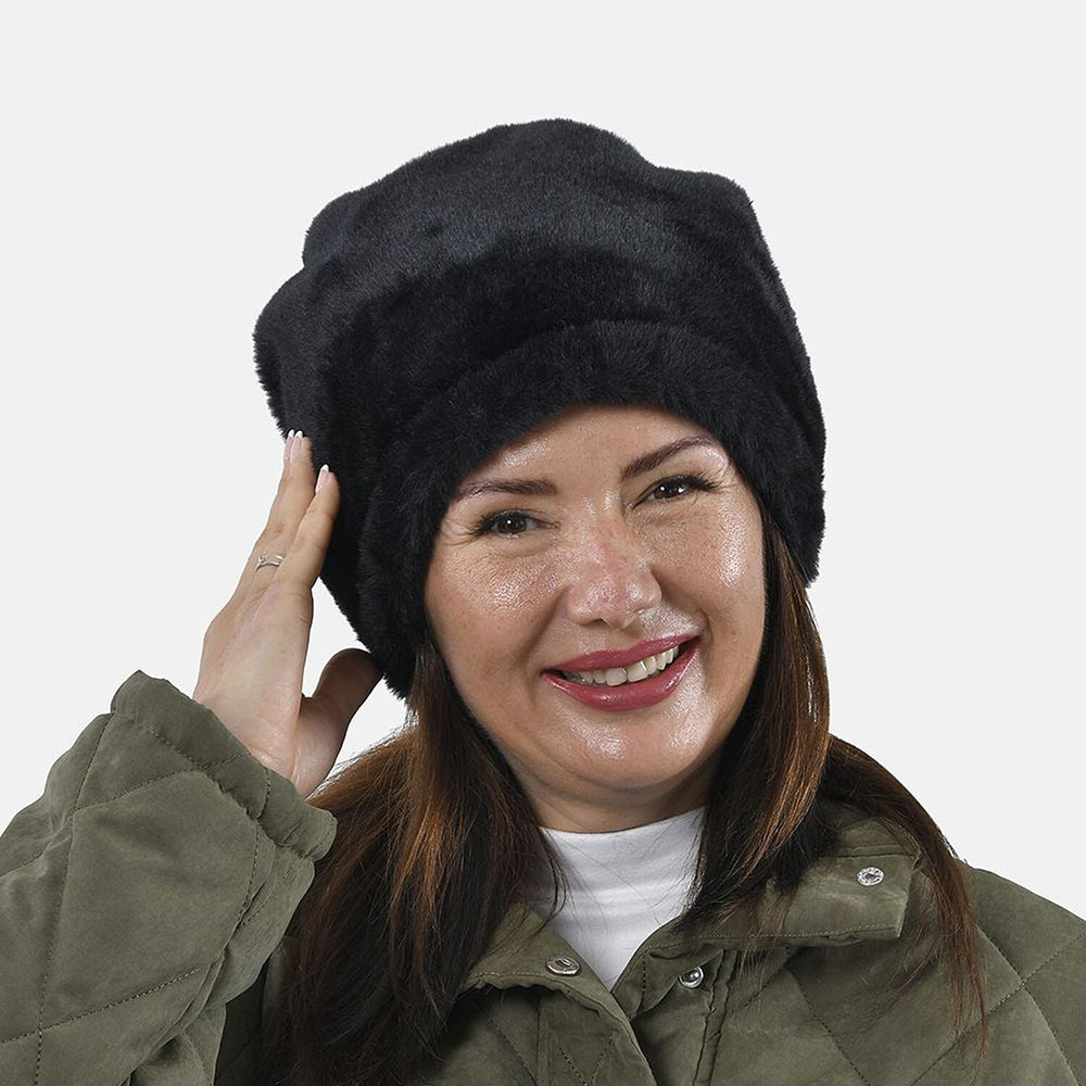 Faux Fur Snood with Drawstring (Size 35x28 Cm) - Black