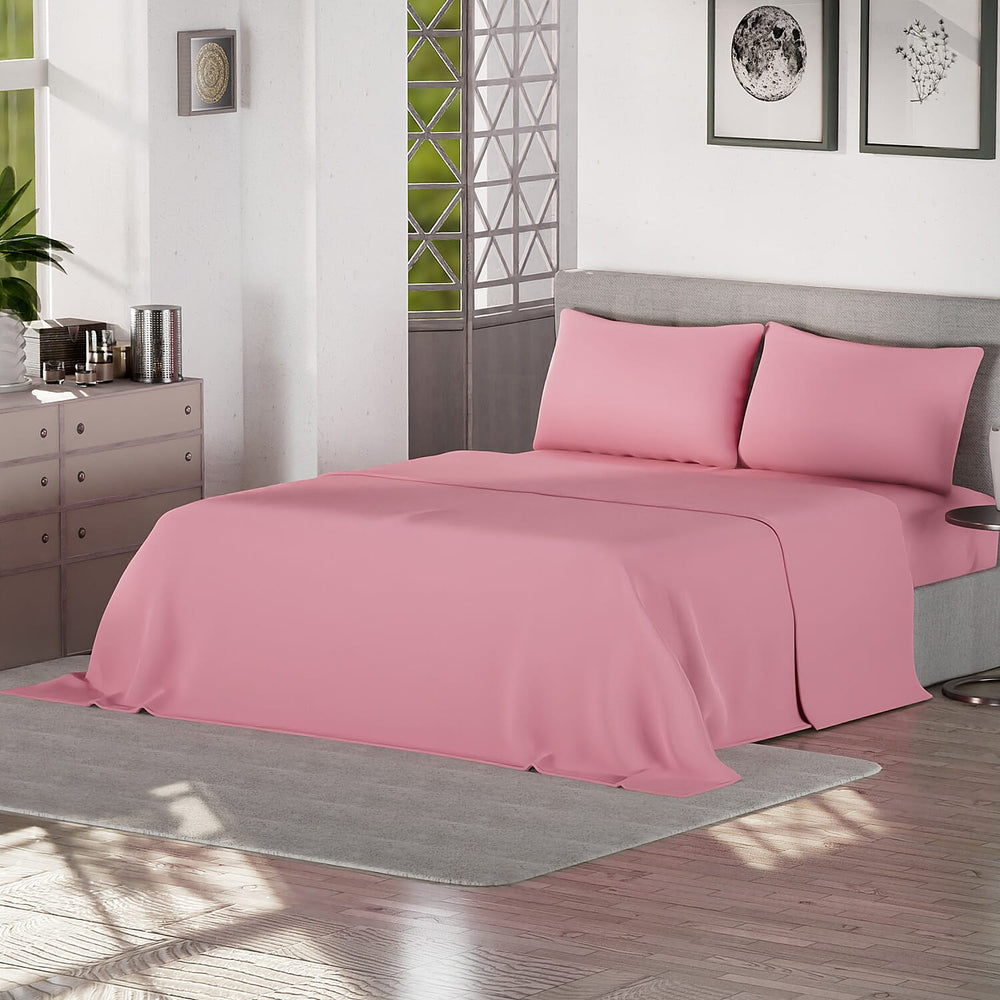 4 Piece Set - Flat - Fitted Bedsheets with 2 Pillow Cases (Double Size) - Pink