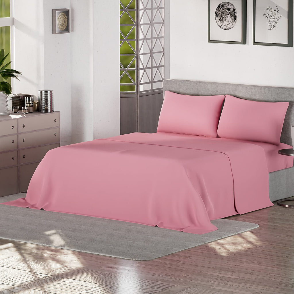 4 Piece Set - Flat - Fitted Bedsheets with 2 Pillow Cases (Double Size) - Pink