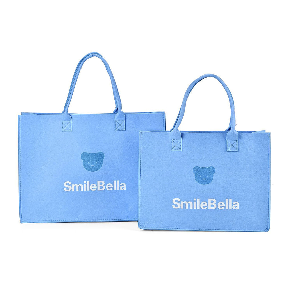 Set of 2 Felt Gift Printed (Bear, Smilebella, Happy Shopping) Tote Bag - Blue