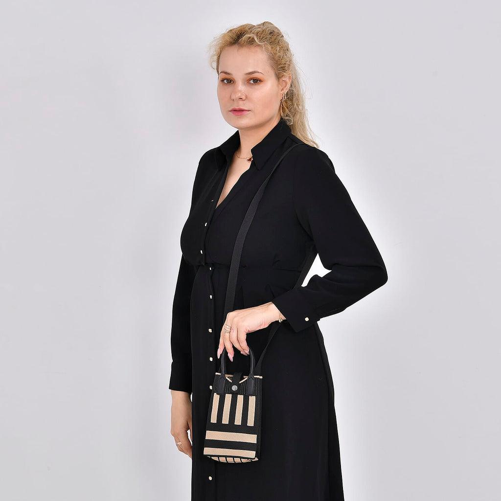 Stripe Pattern Crossbody Bag with Handle Drop - Khaki & Black