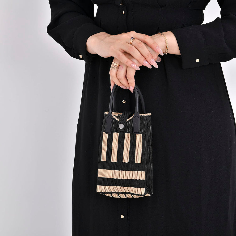 Stripe Pattern Crossbody Bag with Handle Drop - Khaki & Black