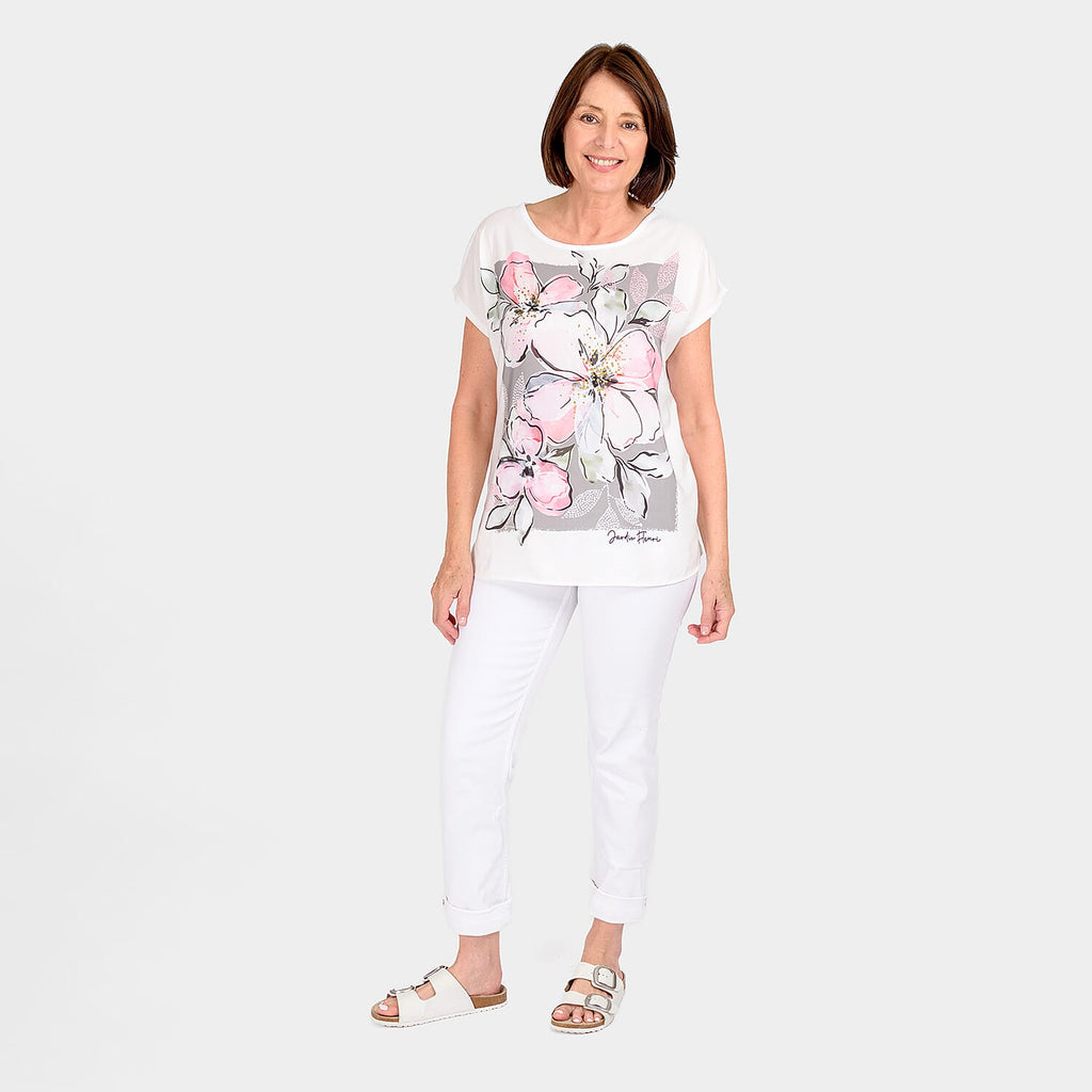 Closeout Deal Floral Printed T-Shirt (Size 10) - White - Grey