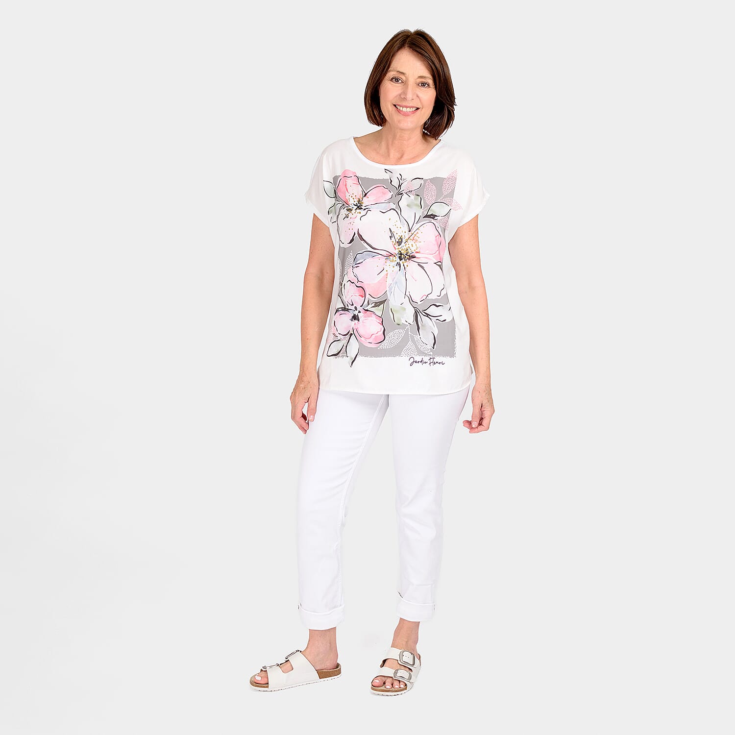 Closeout Deal Floral Printed T-Shirt (Size 10) - White - Grey
