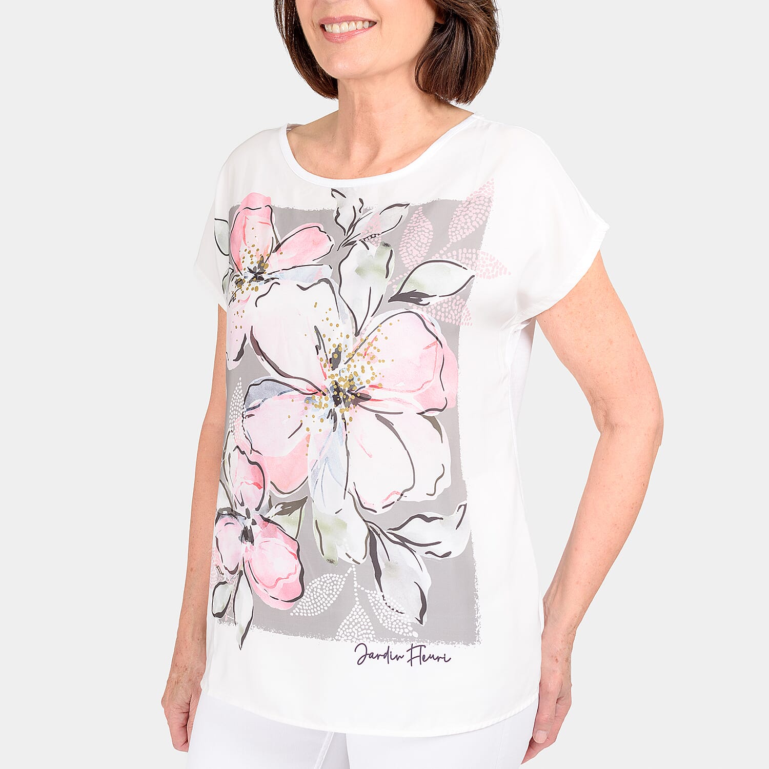 Closeout Deal Floral Printed T-Shirt (Size 10) - White - Grey