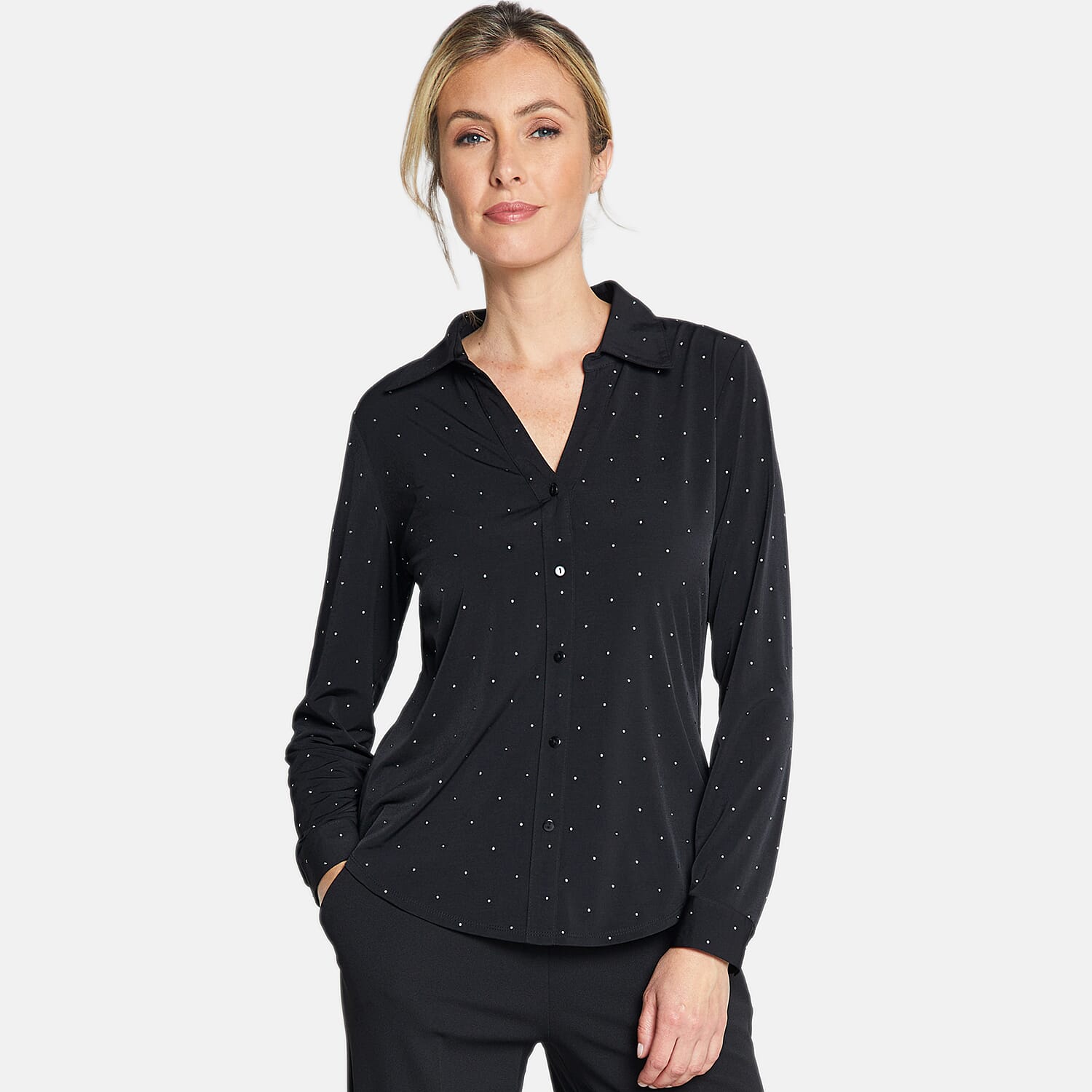 Long Sleeve Stud Classic Collar Blouse (Size 12) - Black