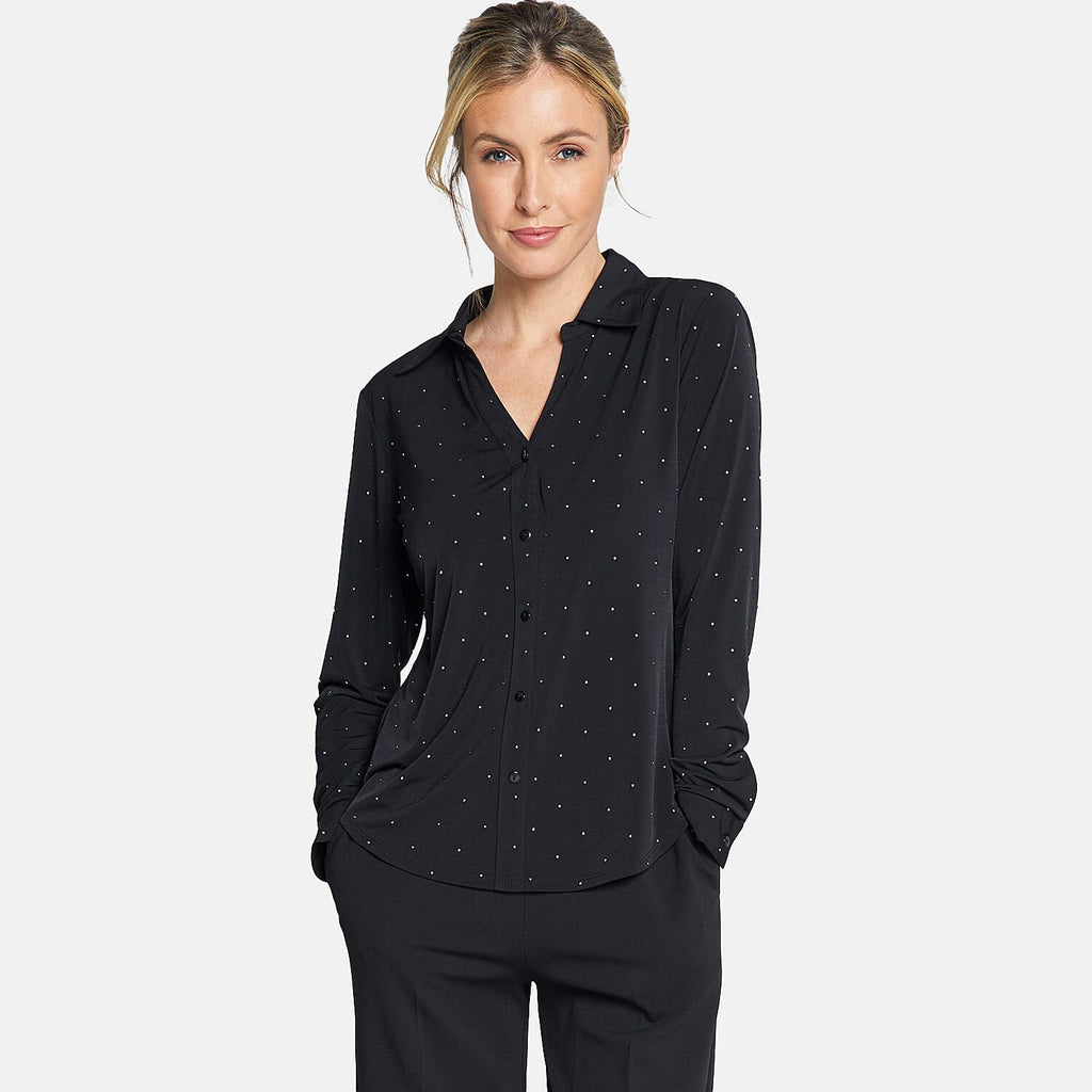 Long Sleeve Stud Classic Collar Blouse (Size 12) - Black