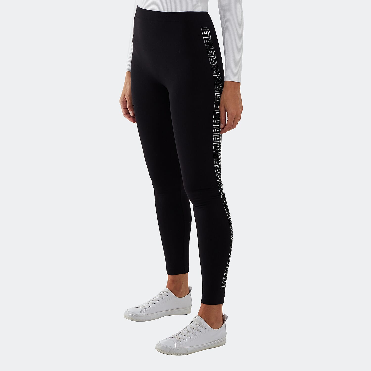 Fleece Lined Leggings With Side Geometric Diamante Pattern (Size M) - Black