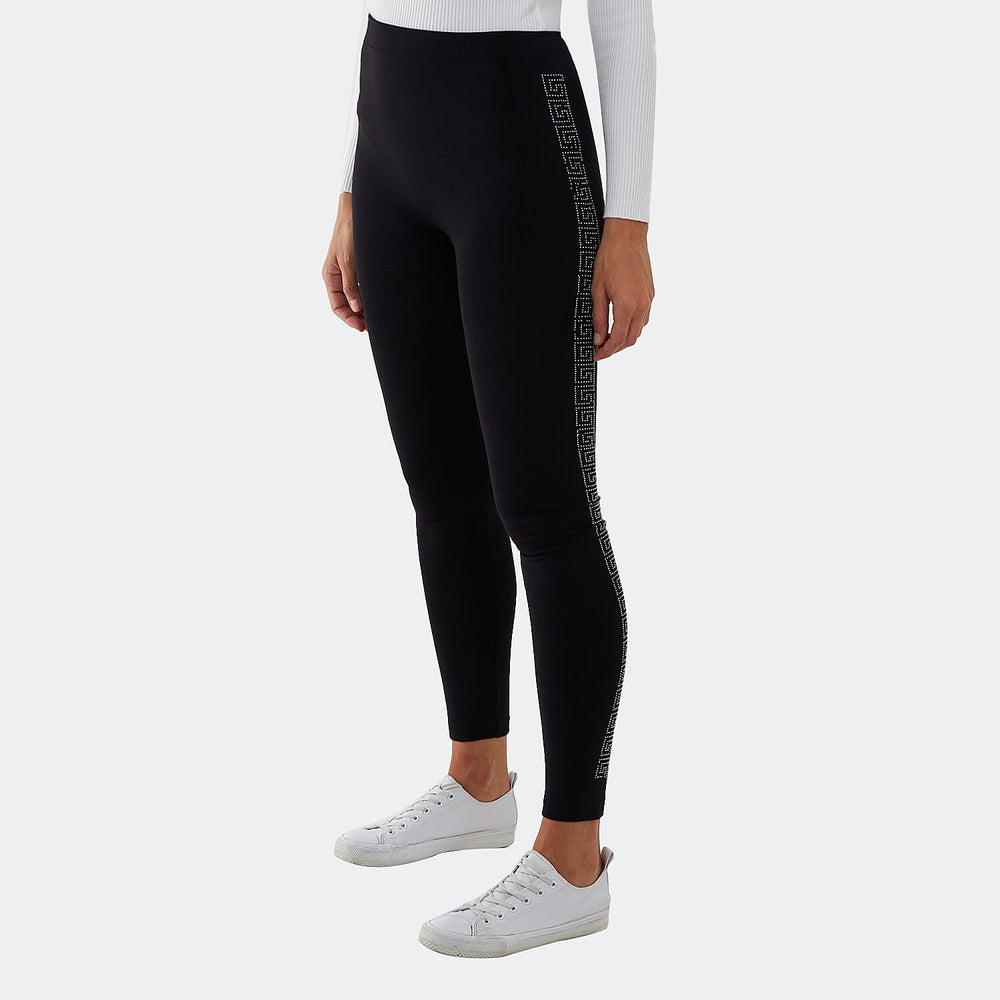 Fleece Lined Leggings With Side Geometric Diamante Pattern (Size L) - Black