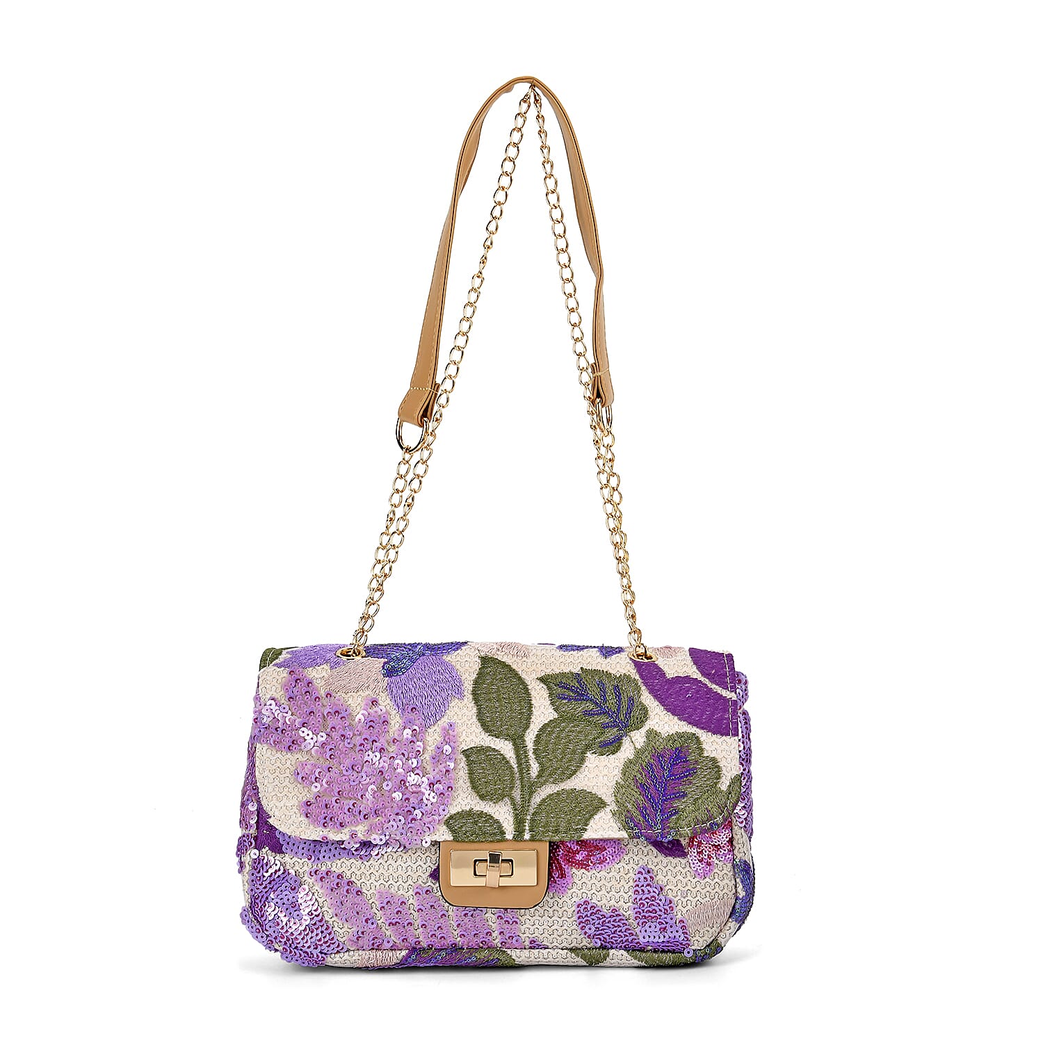 Sequin Floral Embroidery Crossbody Bag - Purple