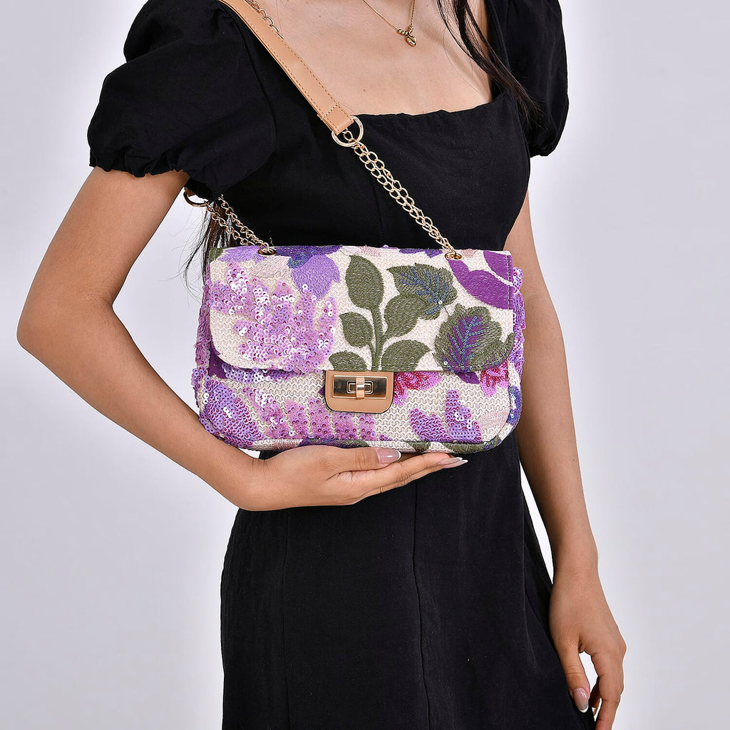 Sequin Floral Embroidery Crossbody Bag - Purple