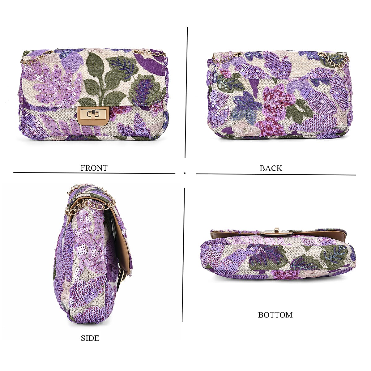 Sequin Floral Embroidery Crossbody Bag - Purple