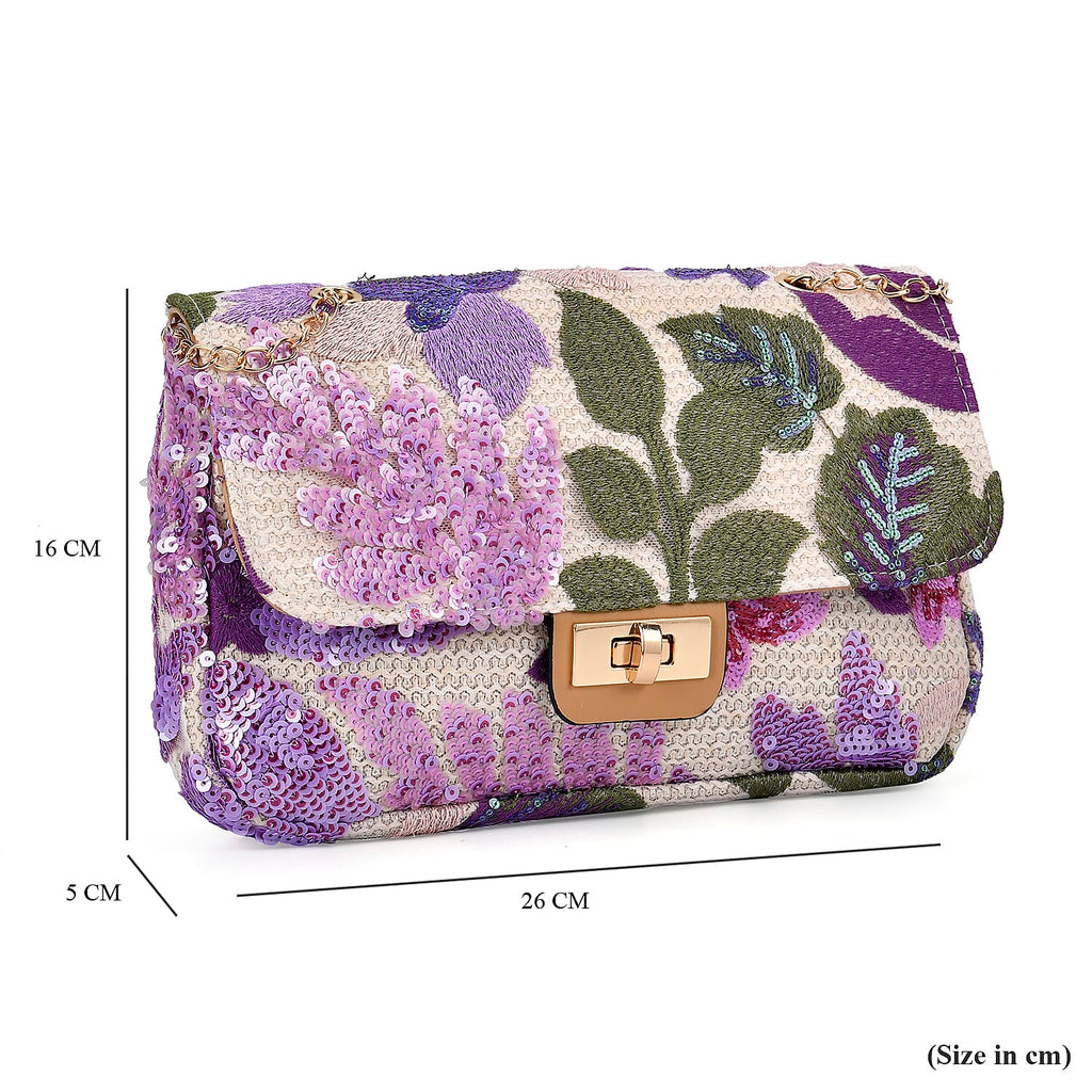Sequin Floral Embroidery Crossbody Bag - Purple