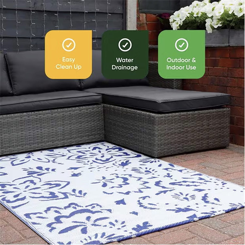 Floral Pattern Outdoor Reversible Rug (Size 180x120 cm) - Blue