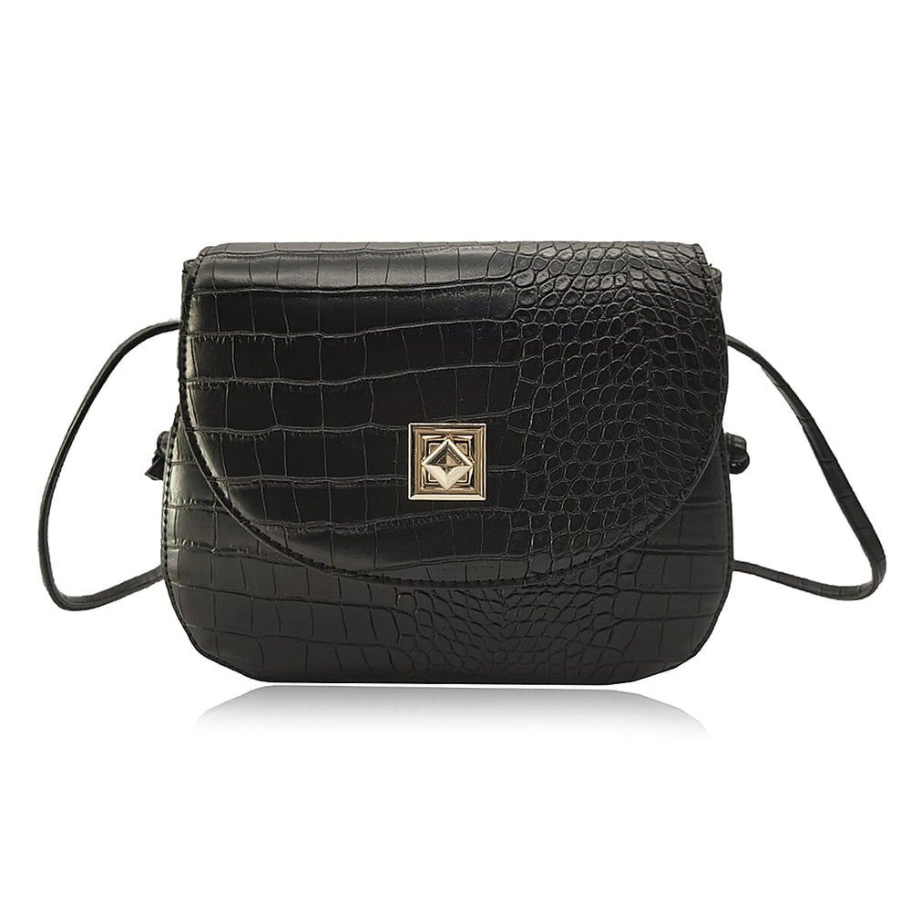 Croc Embossed Twistlock Shoulder Bag - Black
