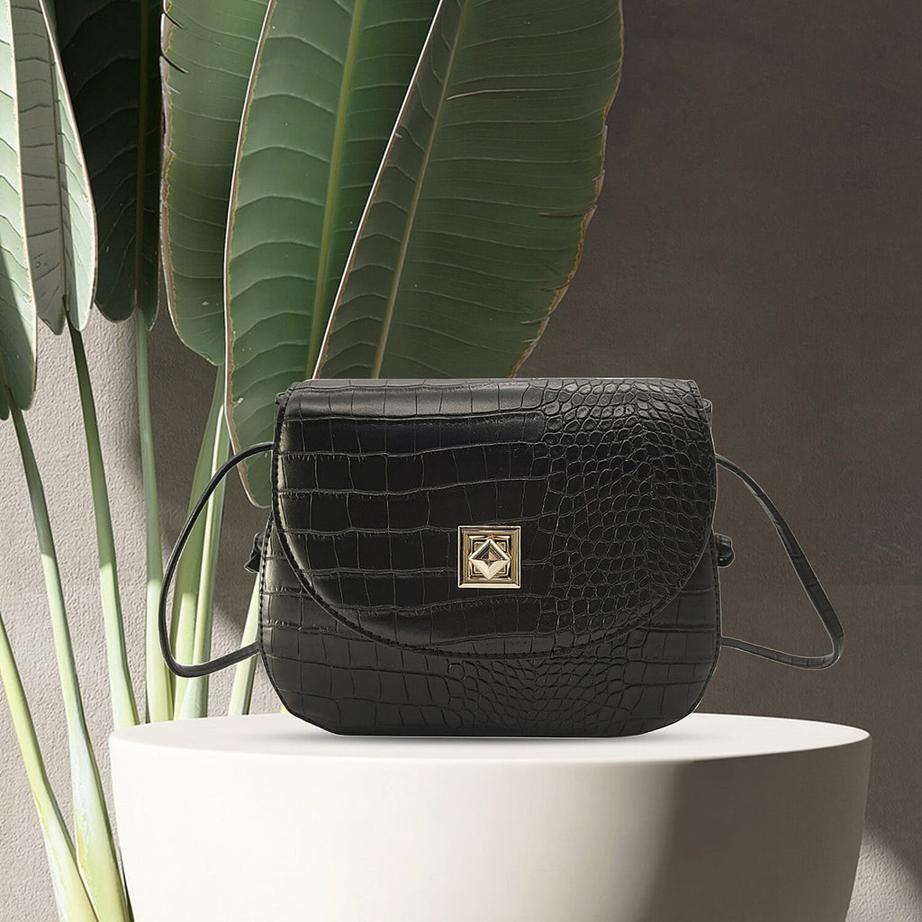 Croc Embossed Twistlock Shoulder Bag - Black