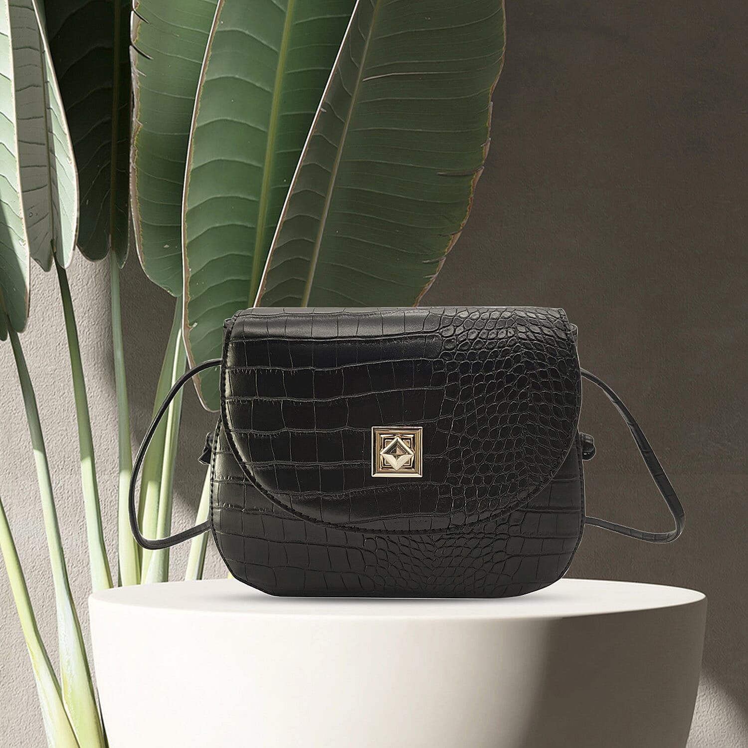 Croc Embossed Twistlock Shoulder Bag - Black