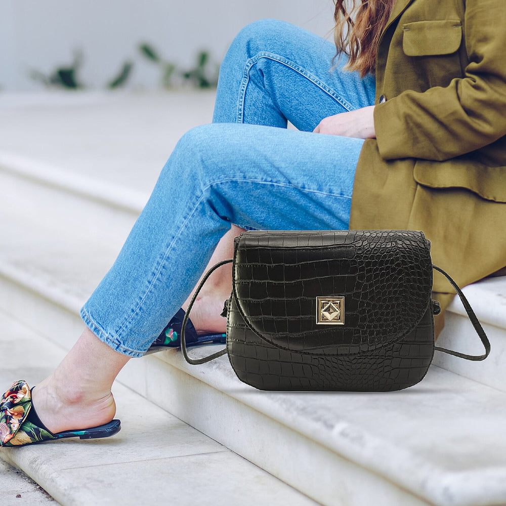 Croc Embossed Twistlock Shoulder Bag - Black