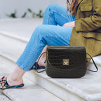 Croc Embossed Twistlock Shoulder Bag - Black