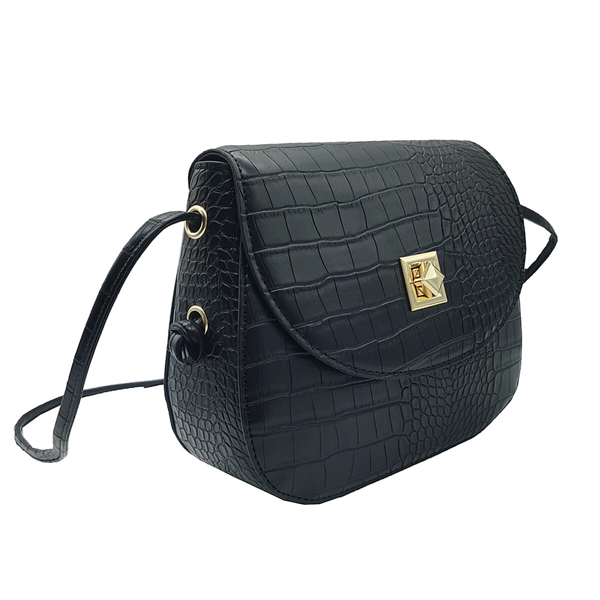 Croc Embossed Twistlock Shoulder Bag - Black