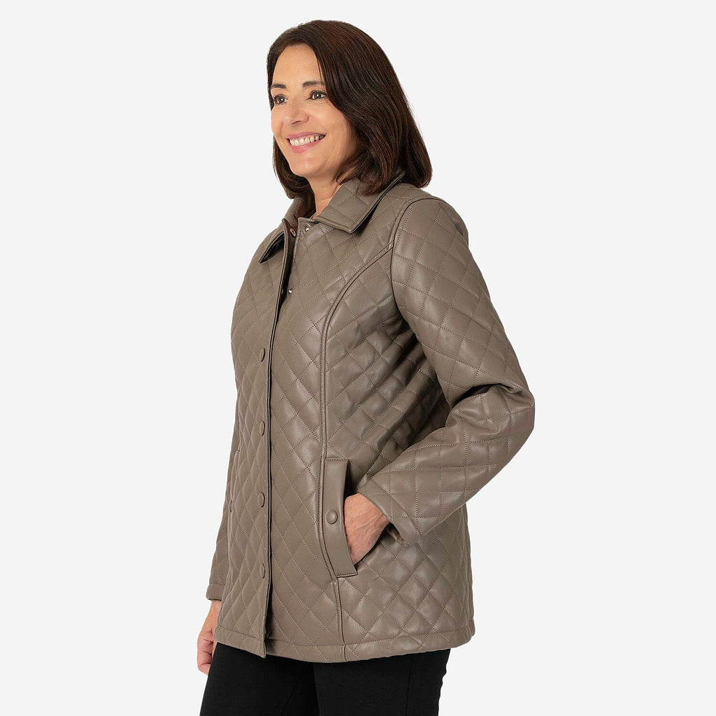& maisi Women’s Faux Leather Quilted Jacket with Button Front, Collar & Pockets