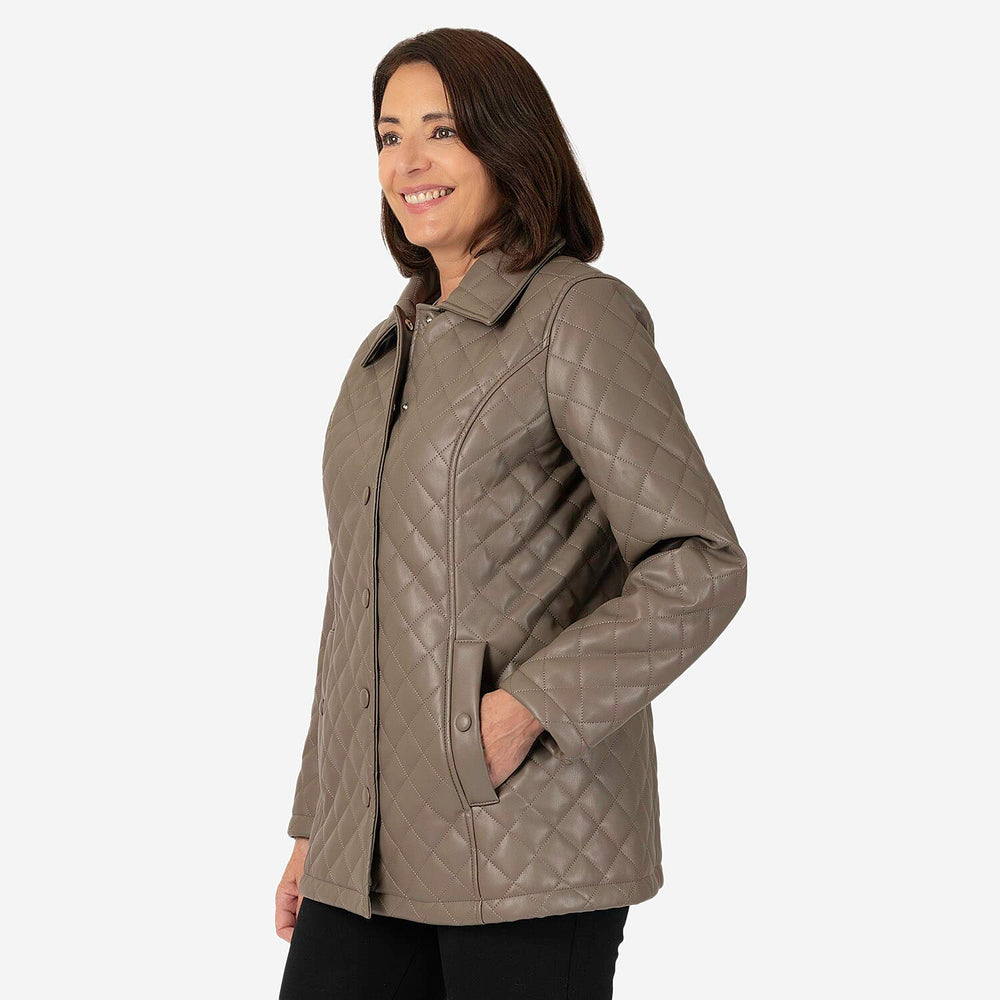 & maisi Women’s Faux Leather Quilted Jacket with Button Front, Collar & Pockets
