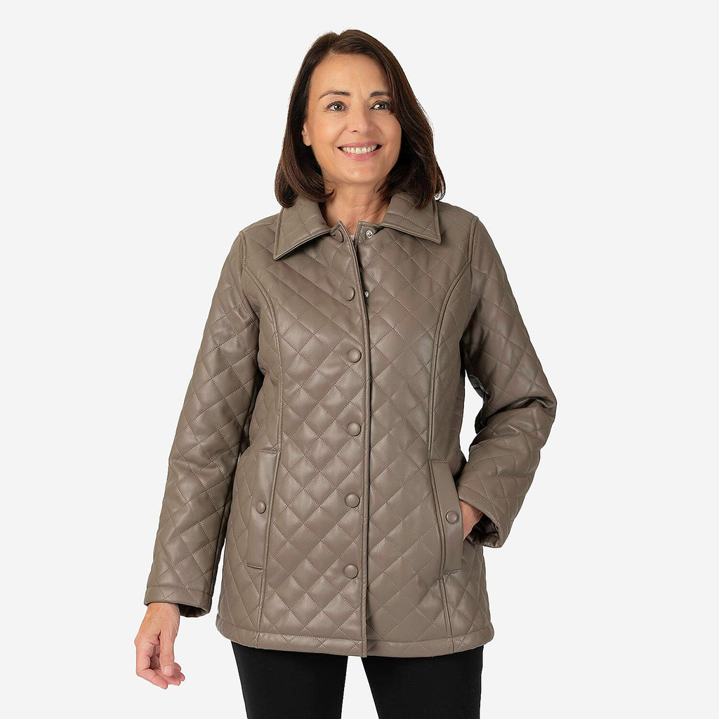 & maisi Women’s Faux Leather Quilted Jacket with Button Front, Collar & Pockets