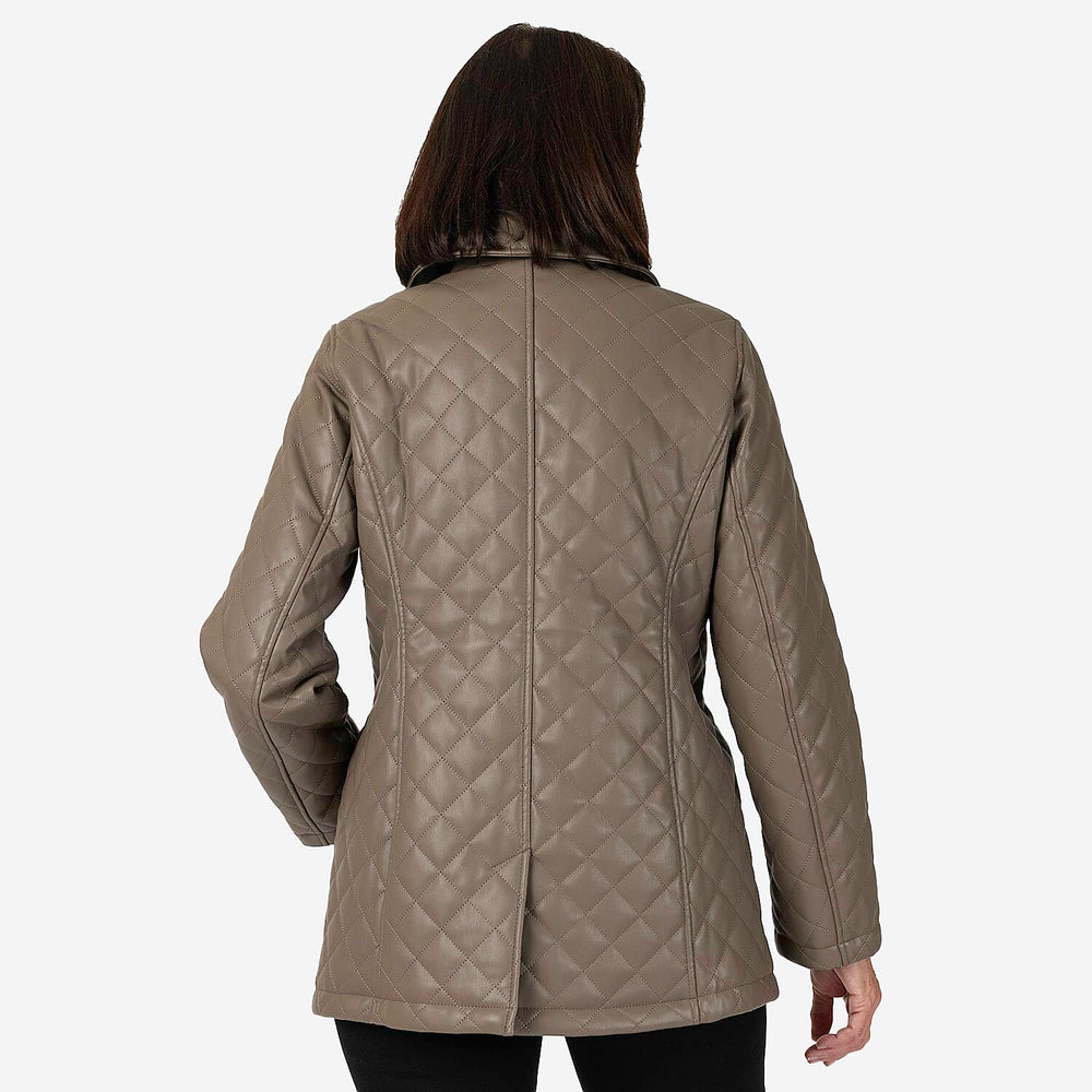 & maisi Women’s Faux Leather Quilted Jacket with Button Front, Collar & Pockets