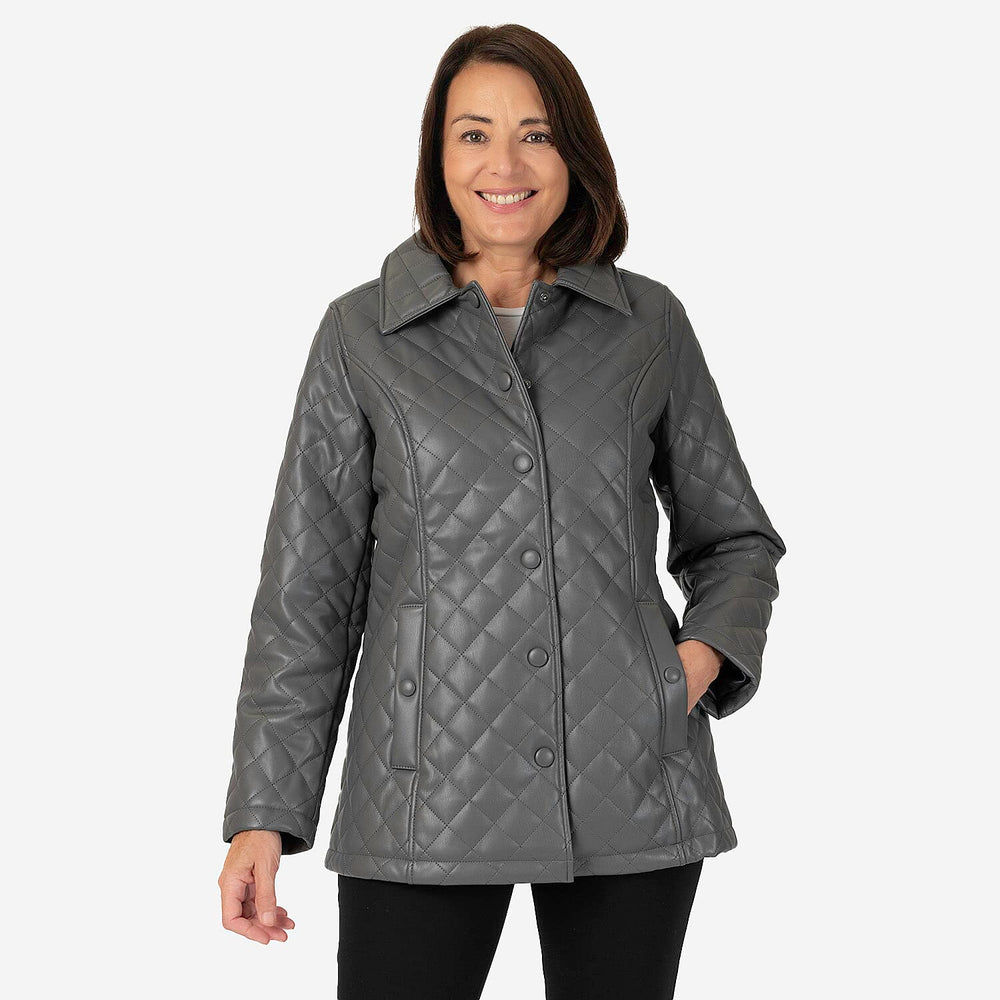 & maisi Women’s Faux Leather Quilted Jacket with Button Front, Collar & Pockets