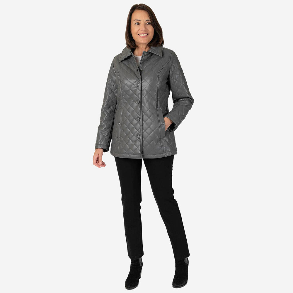 & maisi Women’s Faux Leather Quilted Jacket with Button Front, Collar & Pockets
