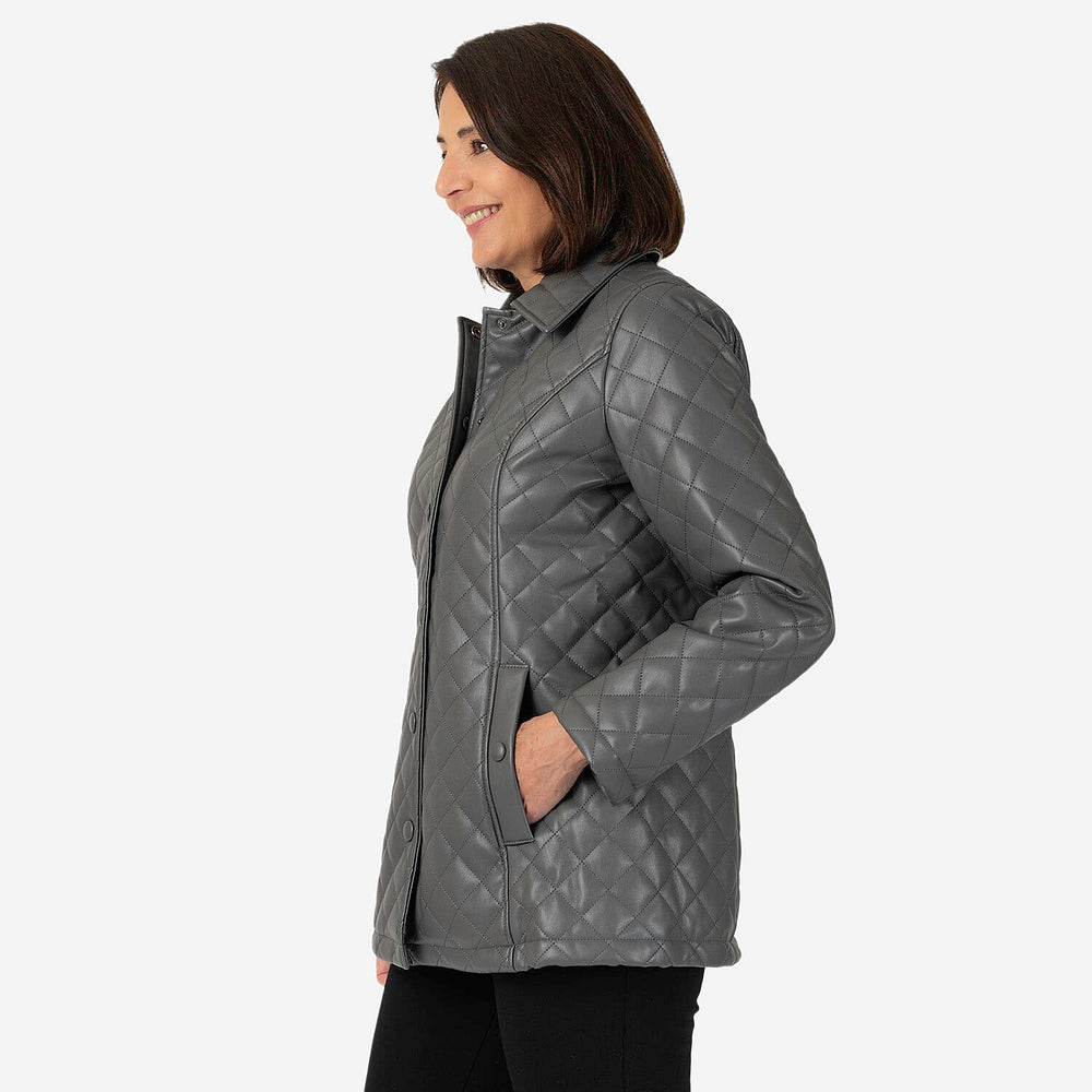 & maisi Women’s Faux Leather Quilted Jacket with Button Front, Collar & Pockets