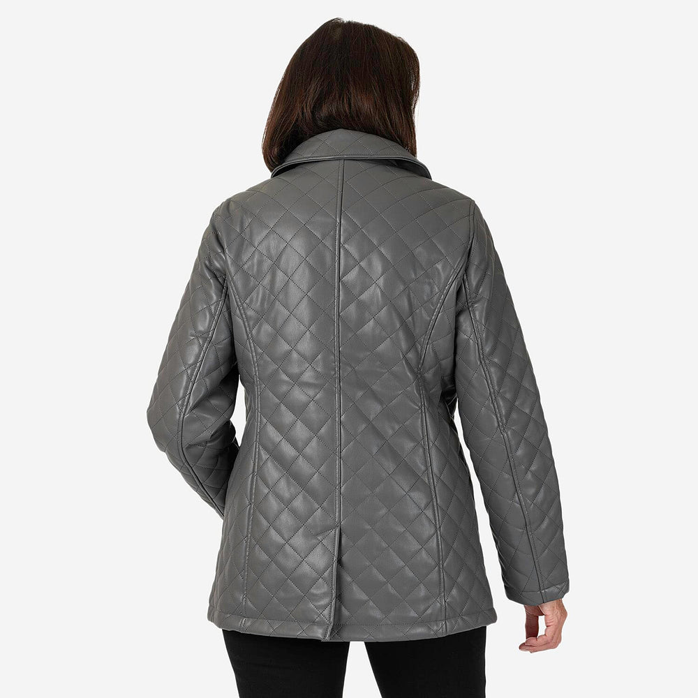 & maisi Women’s Faux Leather Quilted Jacket with Button Front, Collar & Pockets