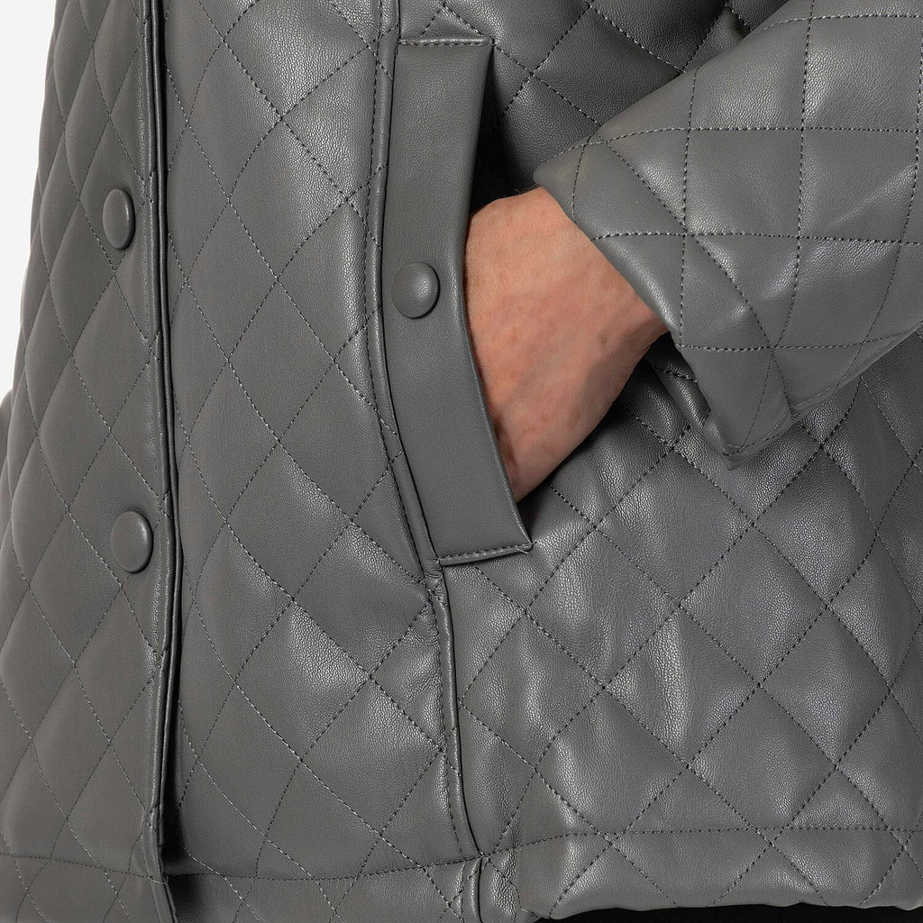 & maisi Women’s Faux Leather Quilted Jacket with Button Front, Collar & Pockets